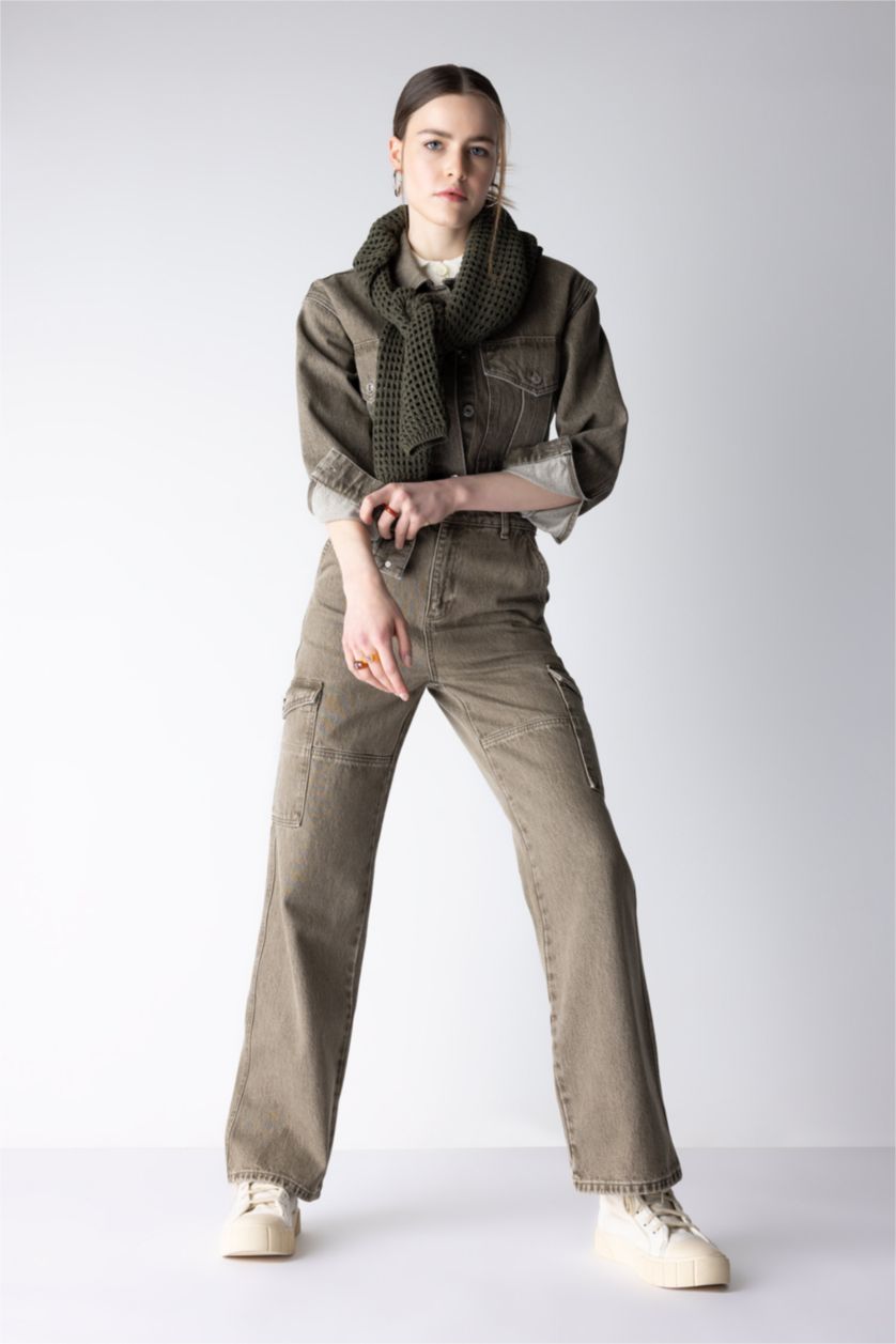 WOMAN Green Wide Leg Cargo Jean Cotton Trousers