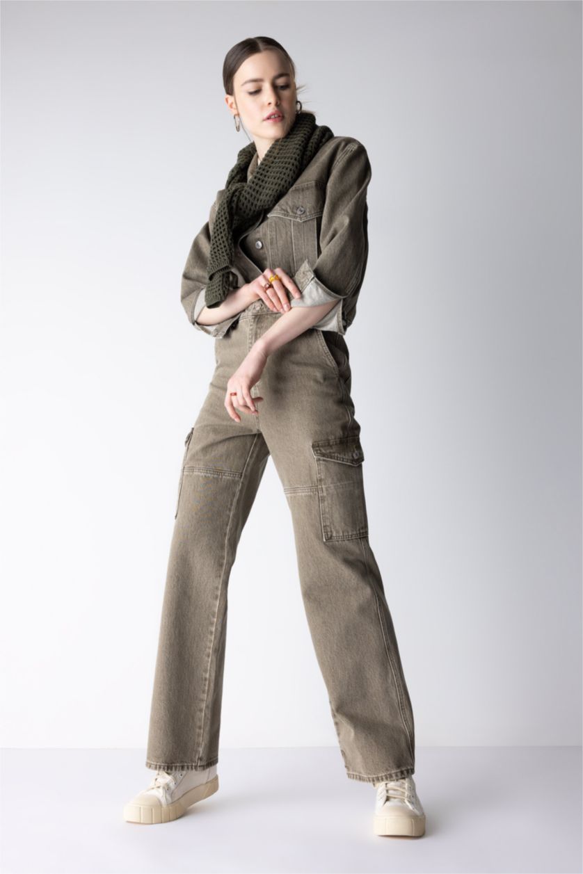WOMAN Green Wide Leg Cargo Jean Cotton Trousers