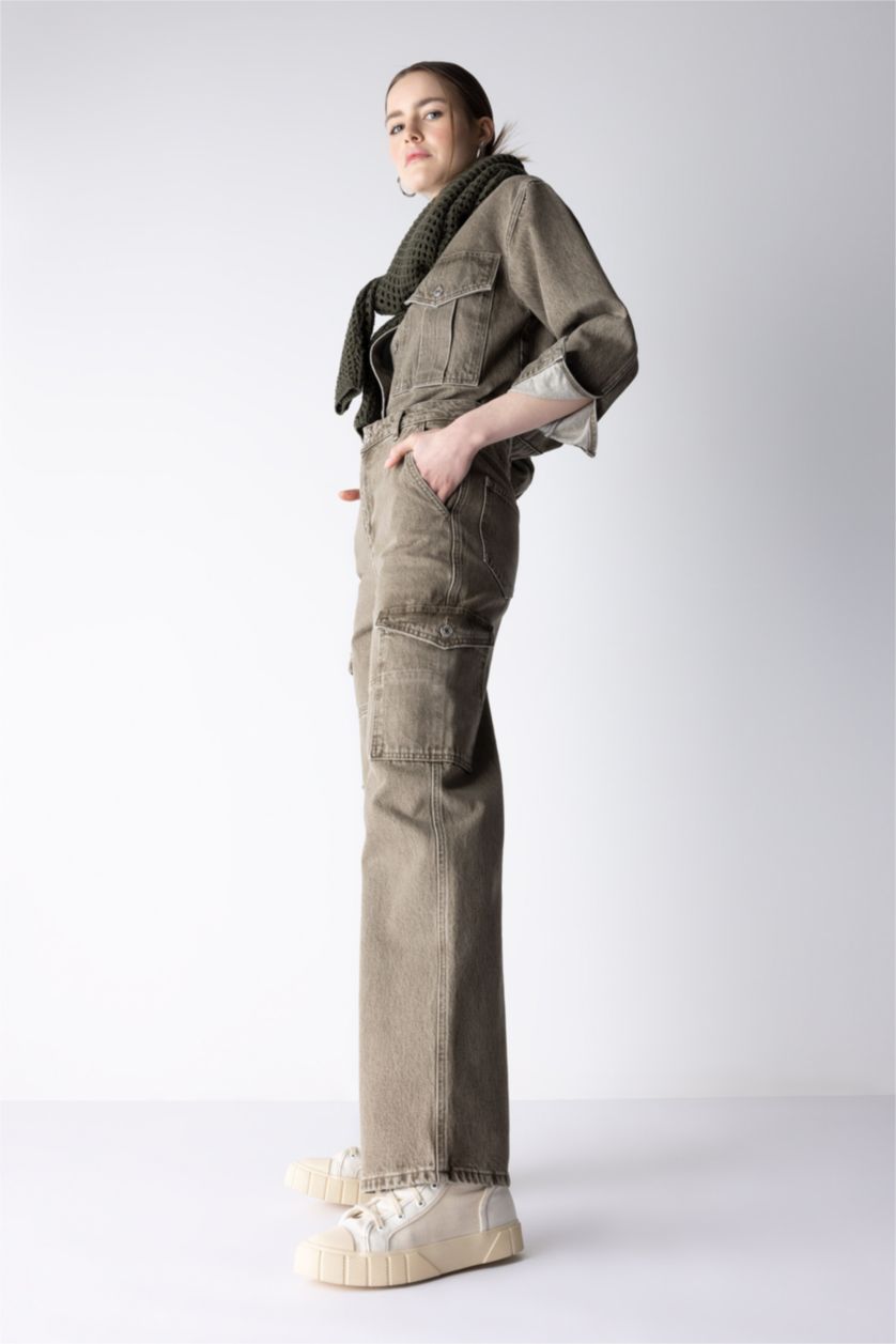 WOMAN Green Wide Leg Cargo Jean Cotton Trousers