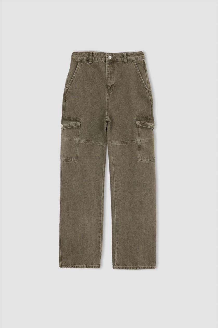 WOMAN Green Wide Leg Cargo Jean Cotton Trousers