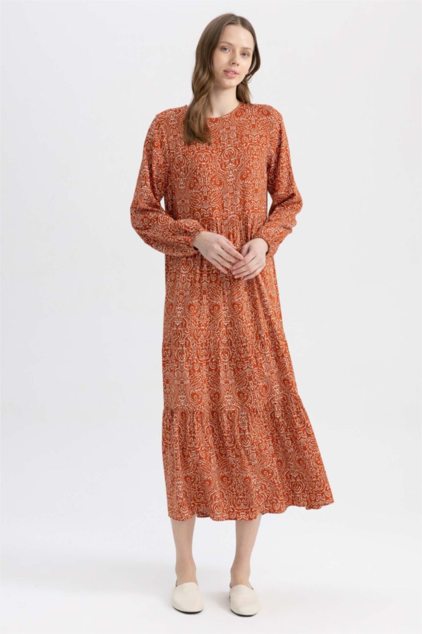 WOMAN Dark Orange Crew Neck Printed Long Sleeve Dress