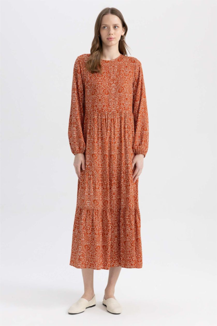WOMAN Dark Orange Crew Neck Printed Long Sleeve Dress
