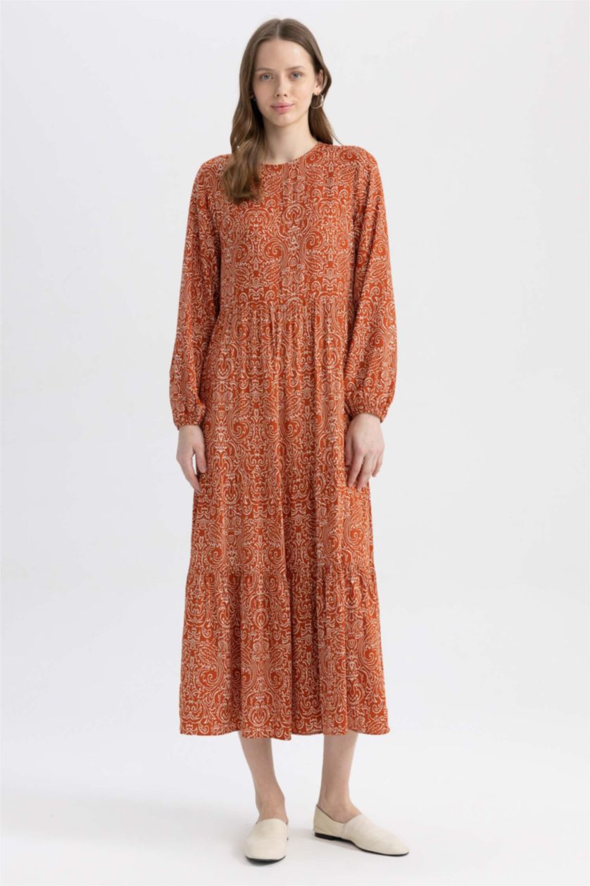 WOMAN Dark Orange Crew Neck Printed Long Sleeve Dress