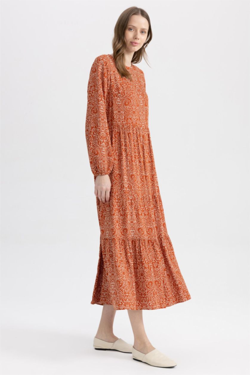 WOMAN Dark Orange Crew Neck Printed Long Sleeve Dress