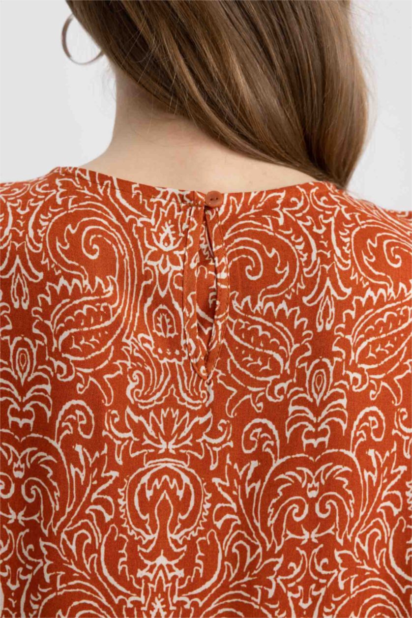 WOMAN Dark Orange Crew Neck Printed Long Sleeve Dress