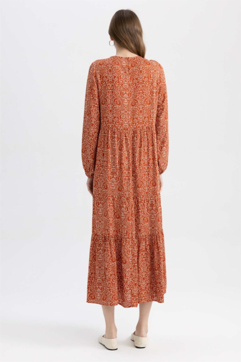 WOMAN Dark Orange Crew Neck Printed Long Sleeve Dress