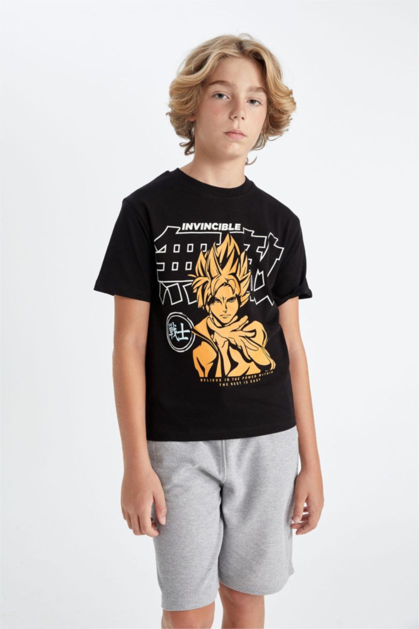 Erkek Çocuk - Genç Erkek Siyah Bisiklet Yaka Baskılı Kısa Kollu Tişört Erkek Çocuk