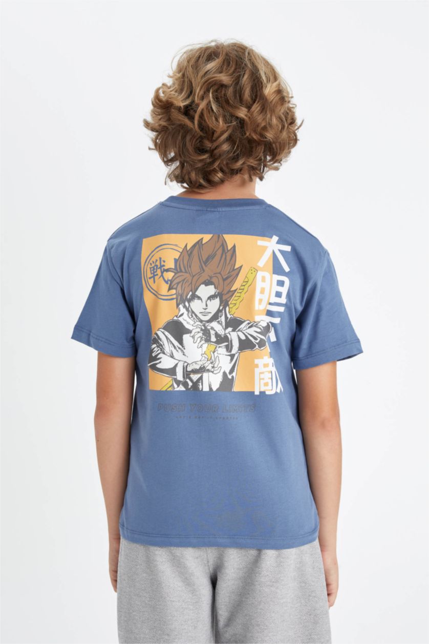 Erkek Çocuk - Genç Erkek Koyu Mavi Bisiklet Yaka Baskılı Kısa Kollu Tişört Erkek Çocuk