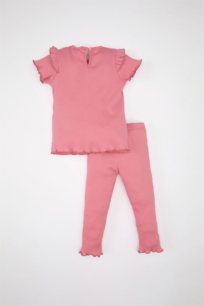 طفلة صغيرة زهري طقم بناتي ليجن وتي شيرت بطبعة شعار - قطعتين