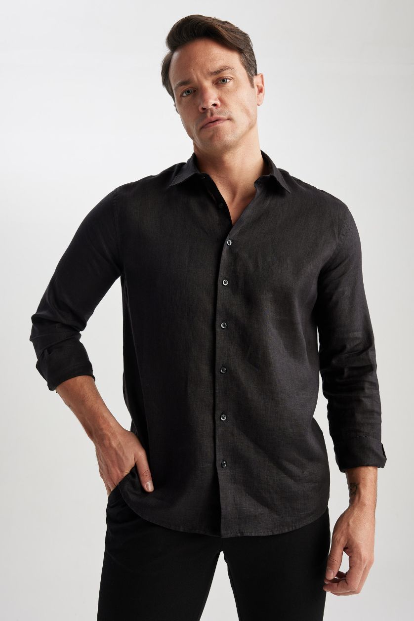 رجالي أسود قميص كتان مودرن فيت برقبة ايطالية