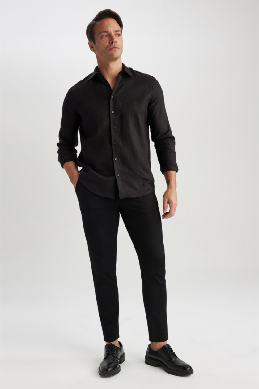 رجالي أسود قميص كتان مودرن فيت برقبة ايطالية