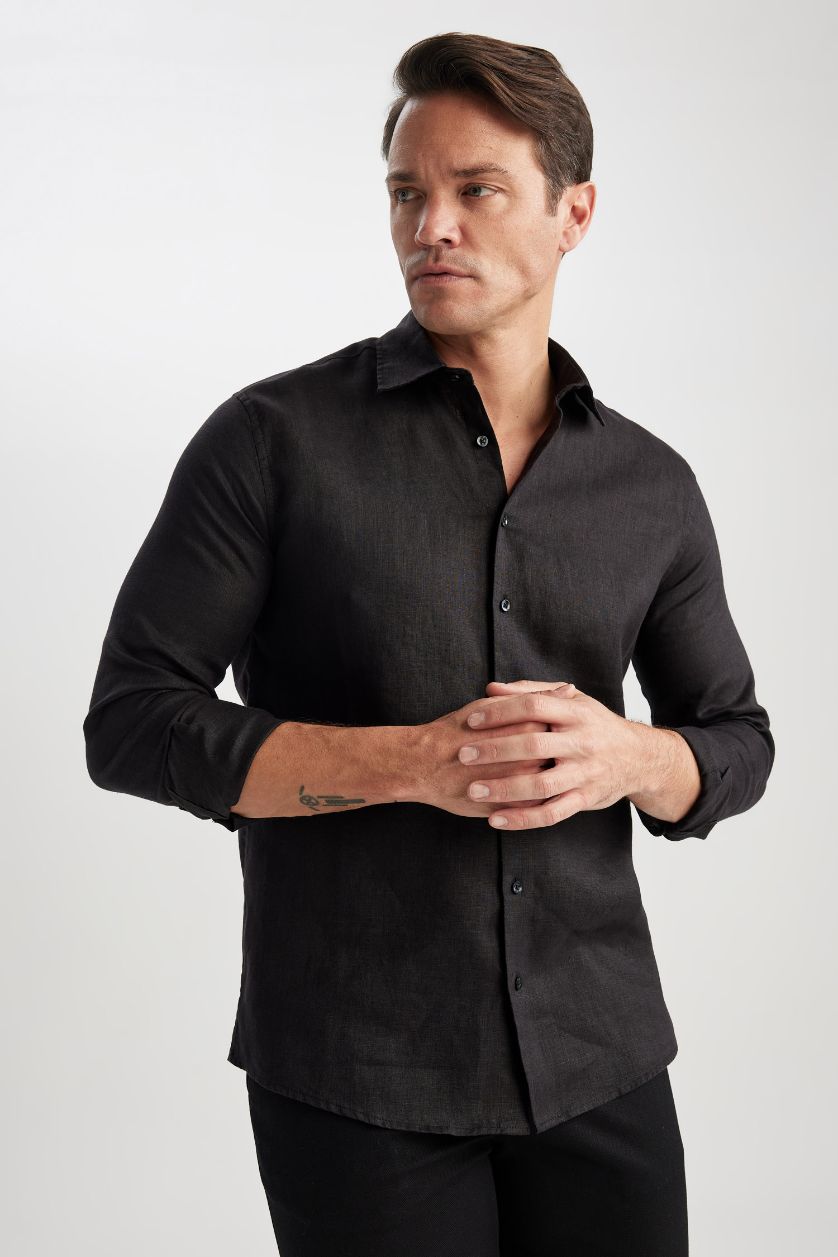 رجالي أسود قميص كتان مودرن فيت برقبة ايطالية