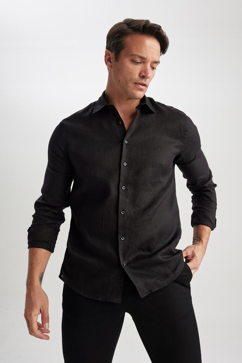 رجالي أسود قميص كتان مودرن فيت برقبة ايطالية