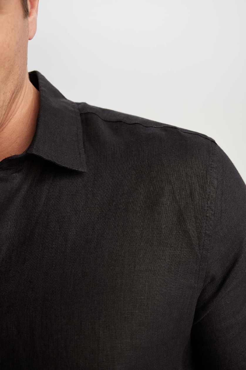 رجالي أسود قميص كتان مودرن فيت برقبة ايطالية