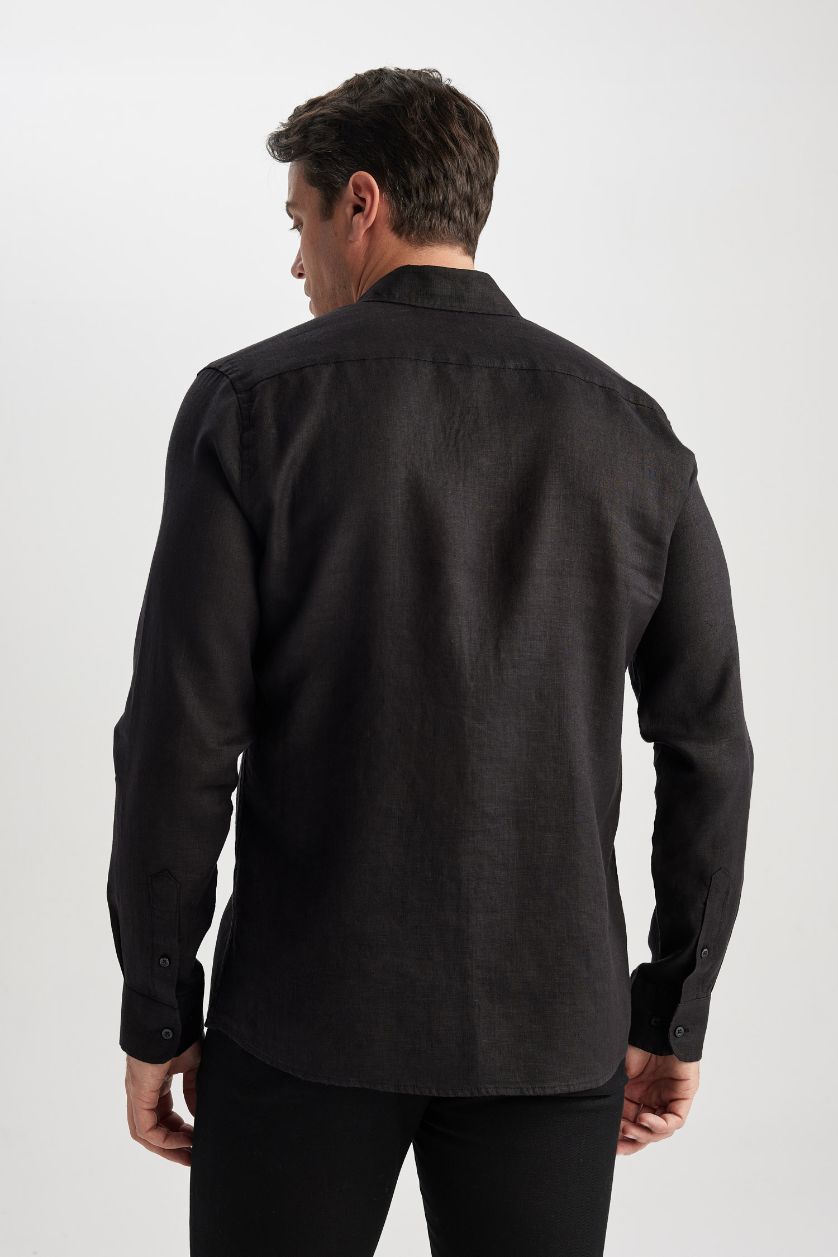 رجالي أسود قميص كتان مودرن فيت برقبة ايطالية