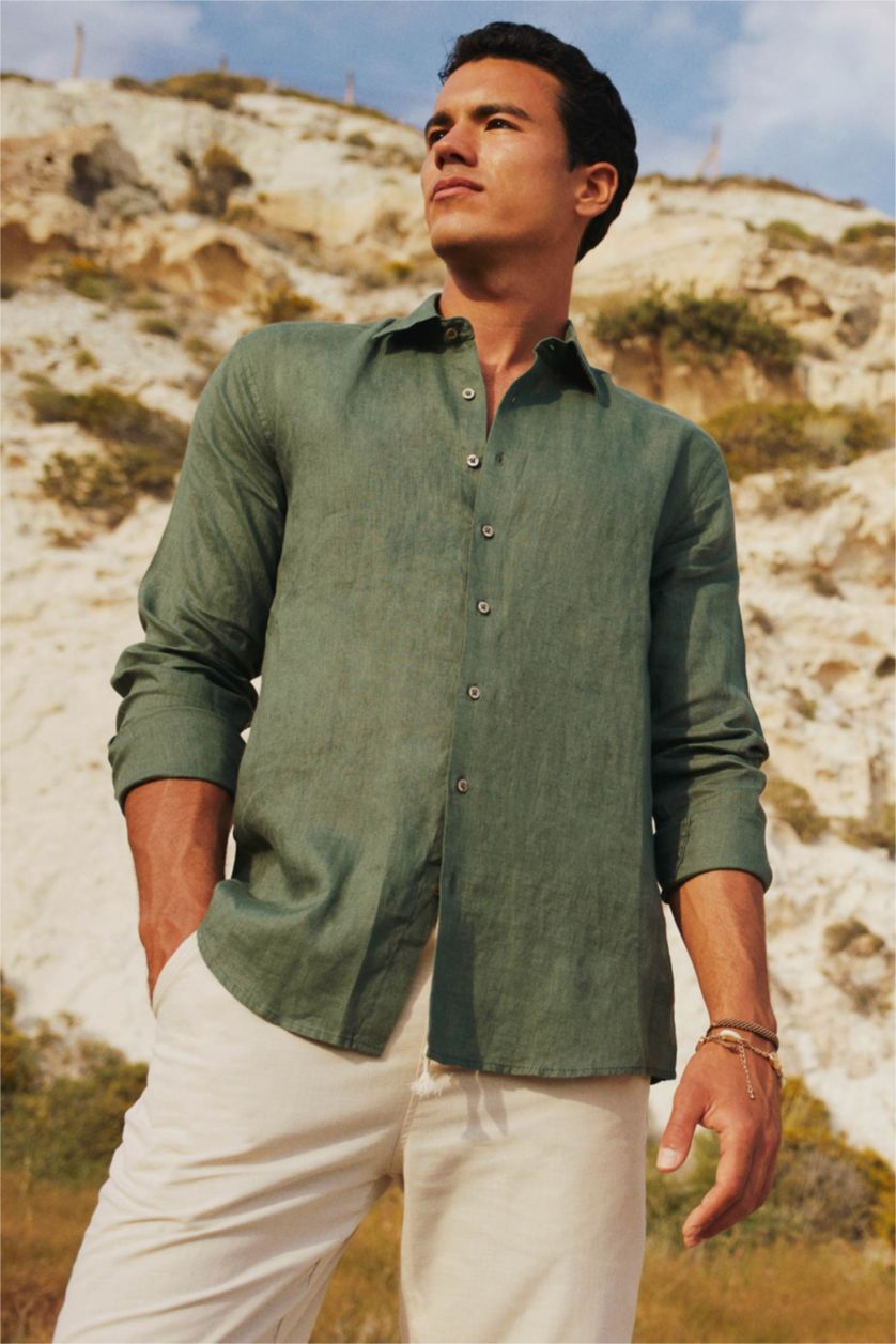 Мужчины Зеленый Рубашка приталенного кроя с длинным рукавом из 100% льна
