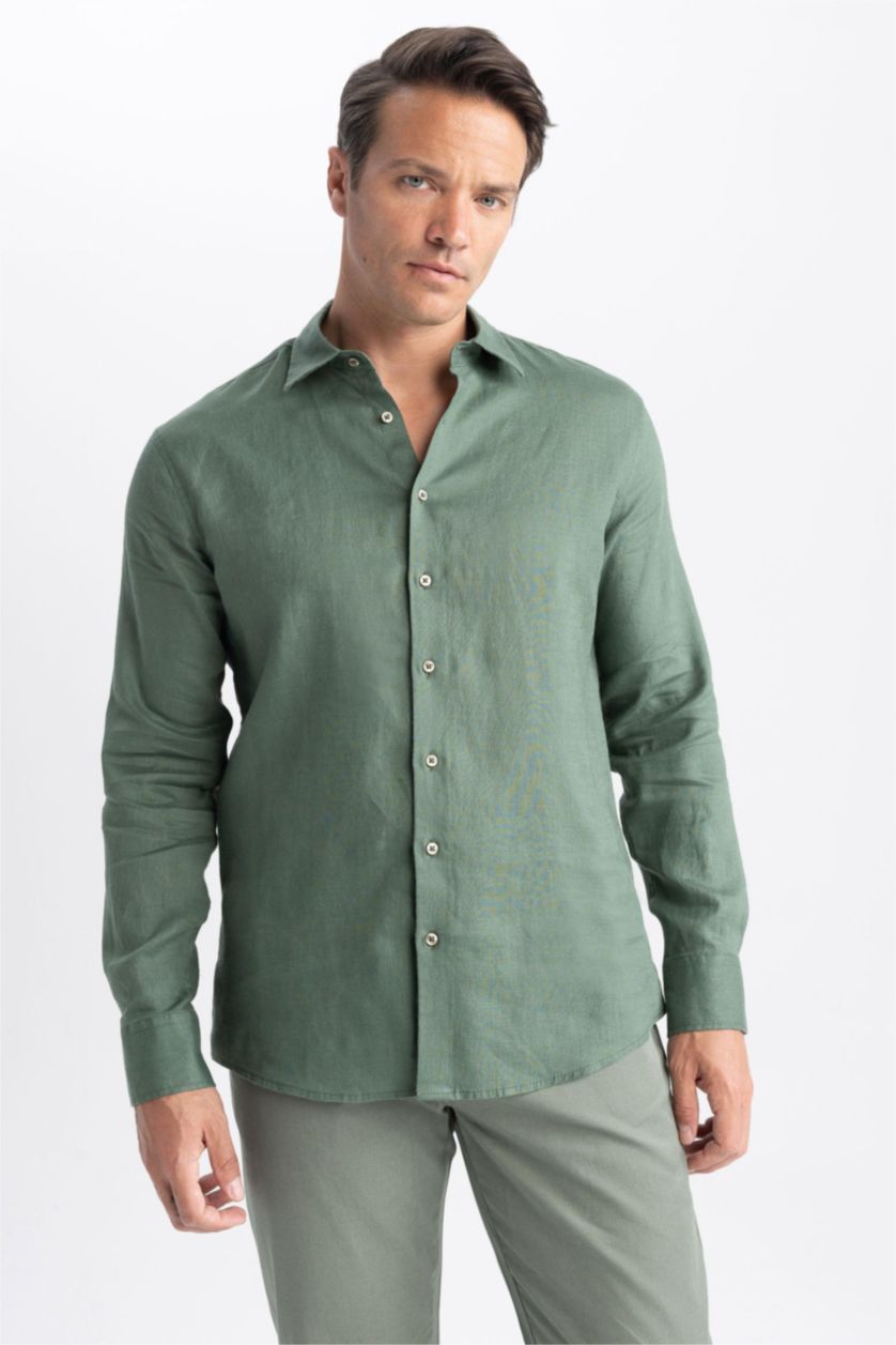 Мужчины Зеленый Рубашка приталенного кроя с длинным рукавом из 100% льна