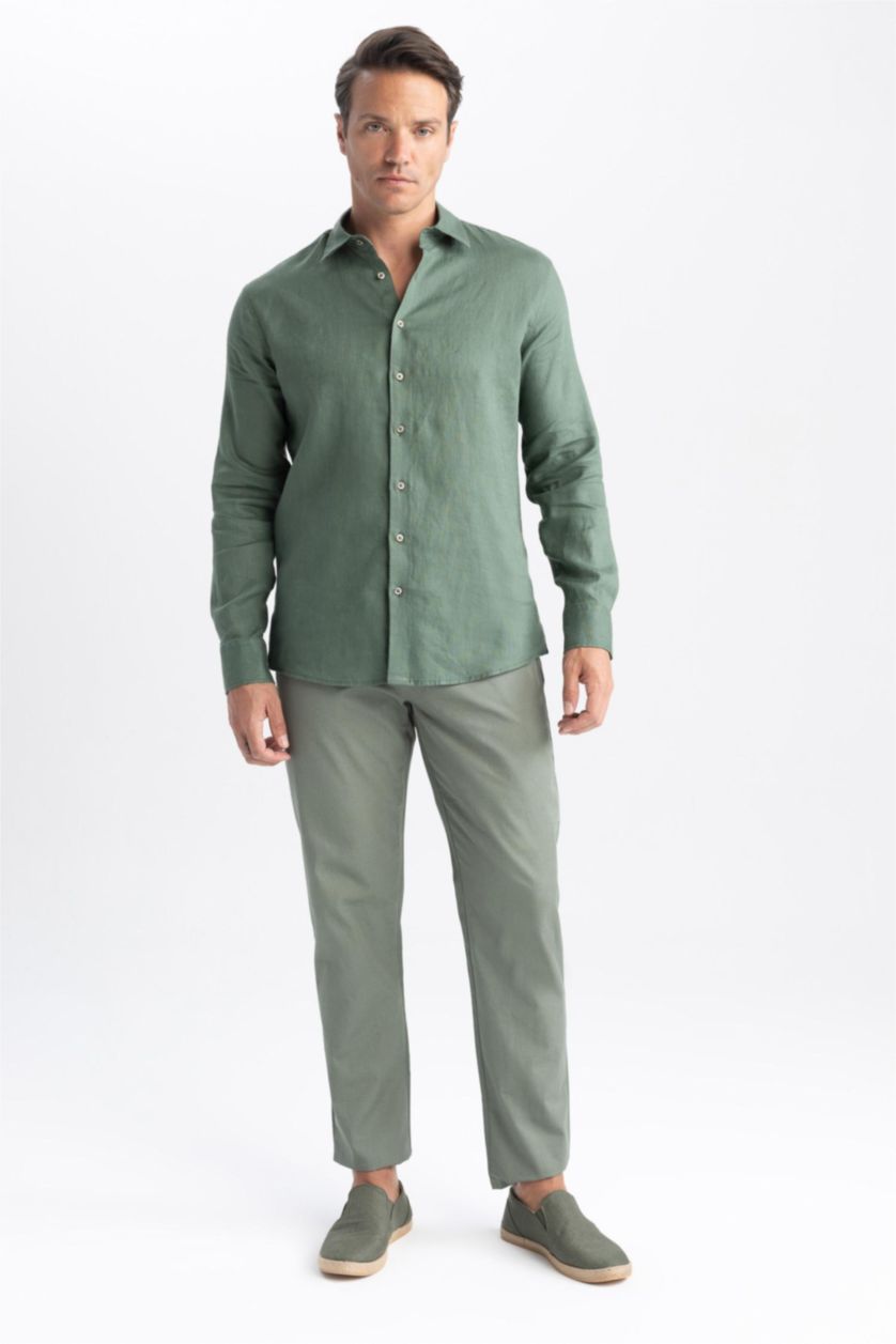 Мужчины Зеленый Рубашка приталенного кроя с длинным рукавом из 100% льна