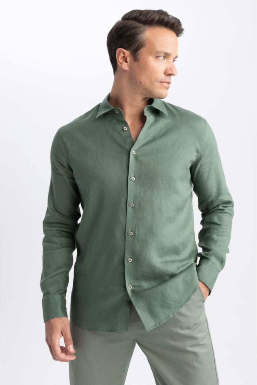 Мужчины Зеленый Рубашка приталенного кроя с длинным рукавом из 100% льна