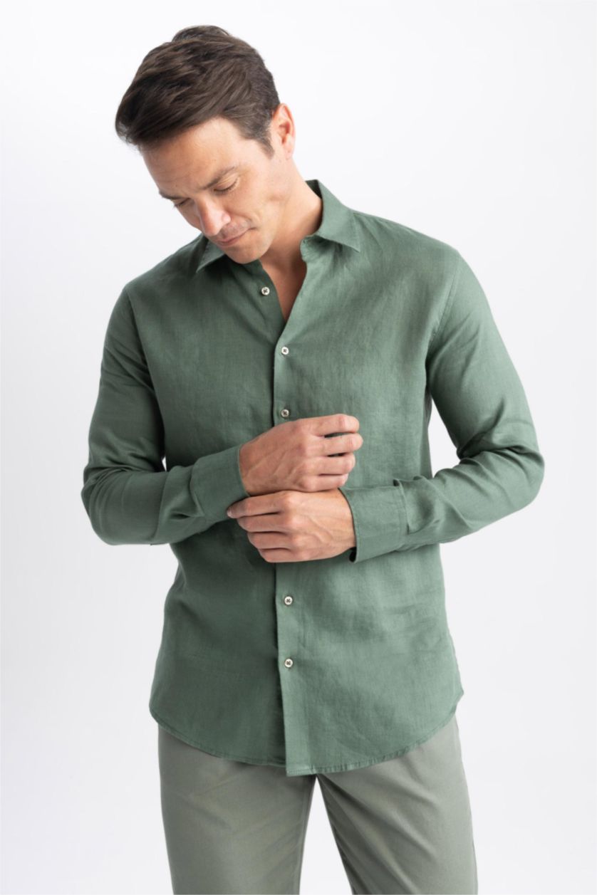 Мужчины Зеленый Рубашка приталенного кроя с длинным рукавом из 100% льна
