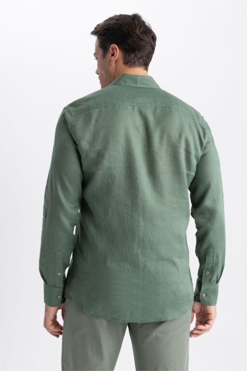 Мужчины Зеленый Рубашка приталенного кроя с длинным рукавом из 100% льна