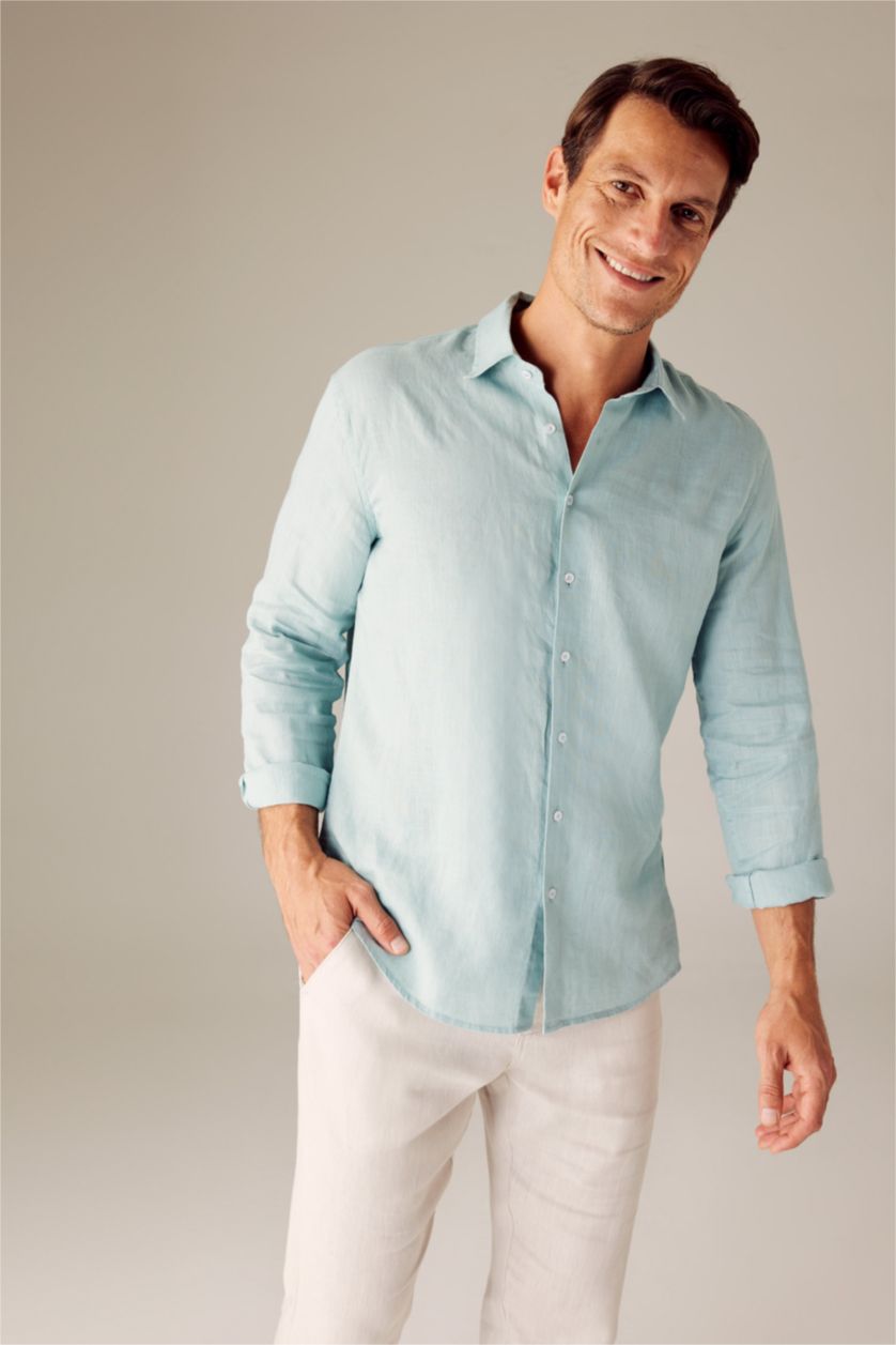 رجال رمادي قميص كتان مودرن فيت بياقة ايطالية