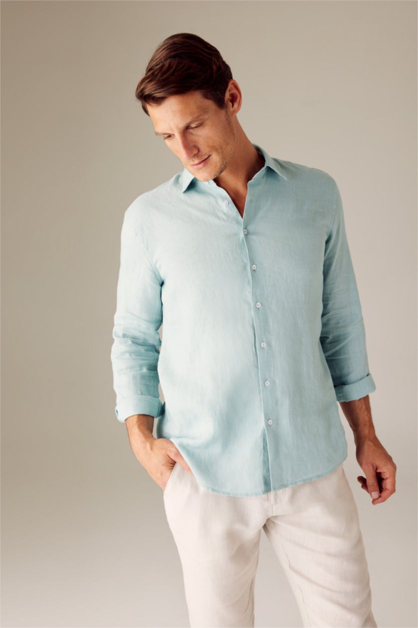 رجال رمادي قميص كتان مودرن فيت بياقة ايطالية