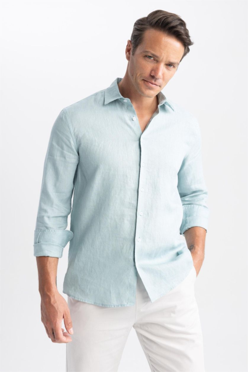 رجال رمادي قميص كتان مودرن فيت بياقة ايطالية