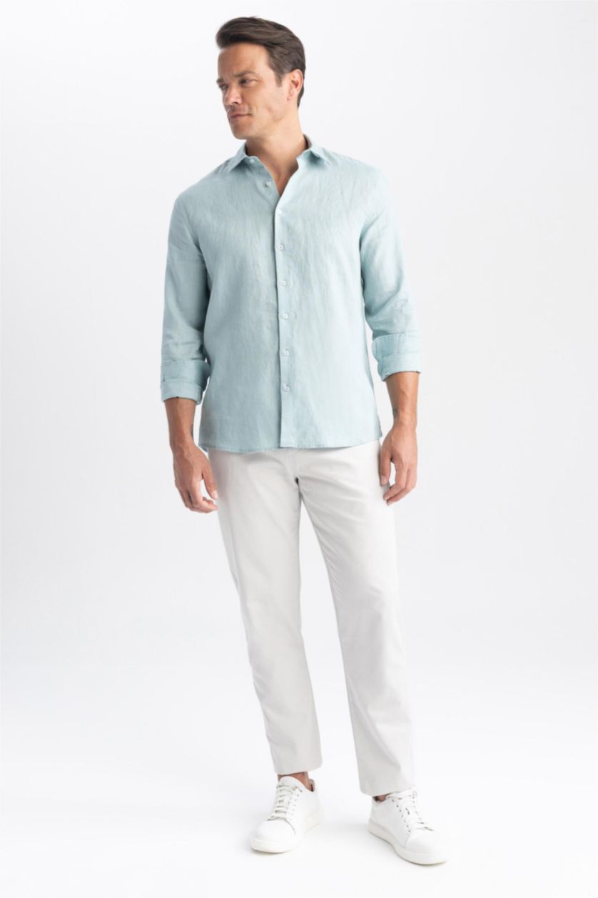 رجال رمادي قميص كتان مودرن فيت بياقة ايطالية