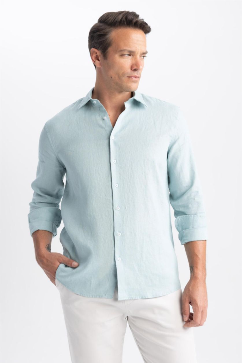 رجال رمادي قميص كتان مودرن فيت بياقة ايطالية