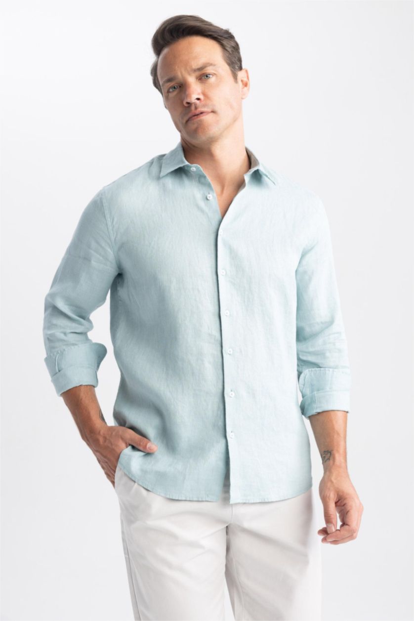 رجال رمادي قميص كتان مودرن فيت بياقة ايطالية