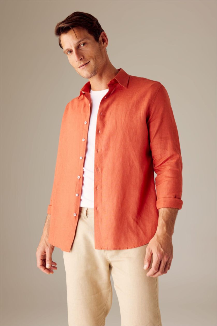 MAN Tile Modern Fit Italian Collar Linen Long Sleeve Shirt