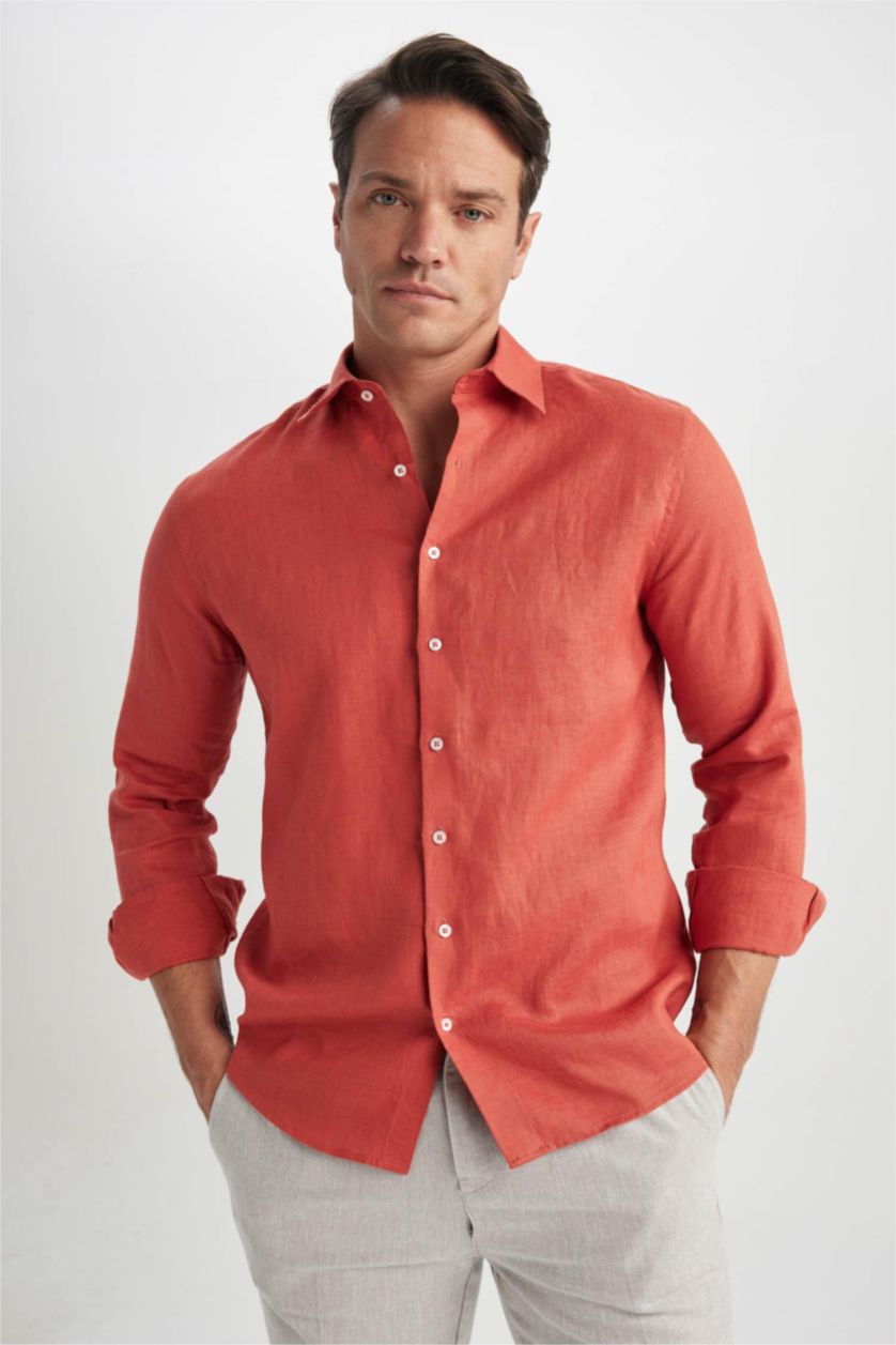 MAN Tile Modern Fit Italian Collar Linen Long Sleeve Shirt