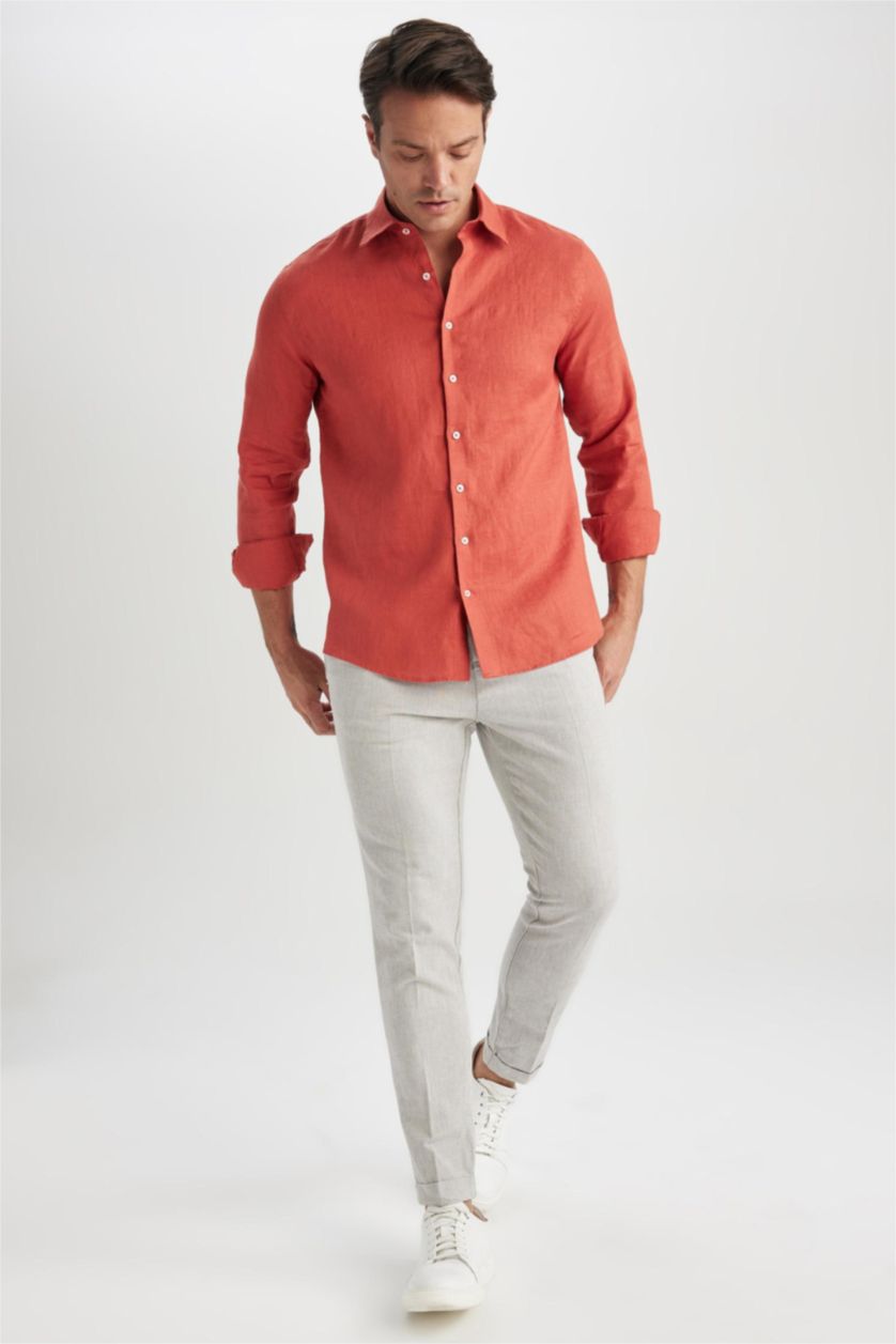 MAN Tile Modern Fit Italian Collar Linen Long Sleeve Shirt