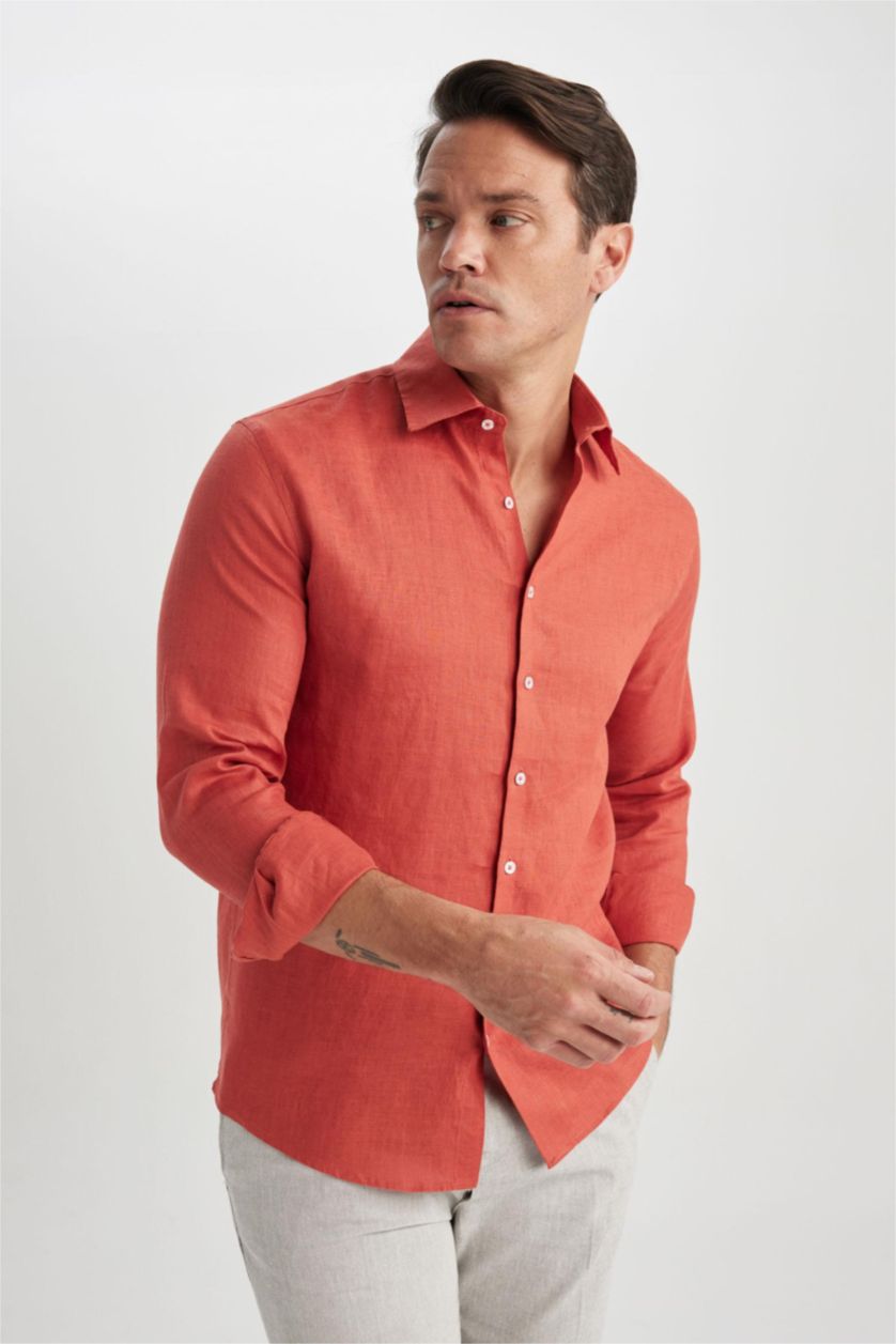 MAN Tile Modern Fit Italian Collar Linen Long Sleeve Shirt
