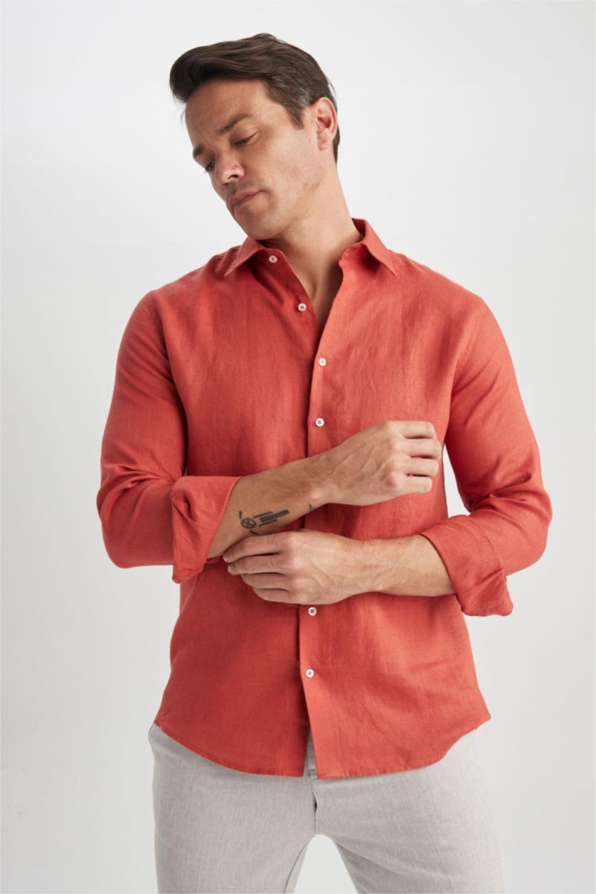 MAN Tile Modern Fit Italian Collar Linen Long Sleeve Shirt