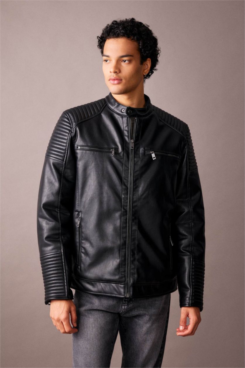 Erkek Siyah Su İtici Slim Fit Deri Mont Ceket Dar Kesim Dik Yaka Fermuarlı Cepli Mevsimlik