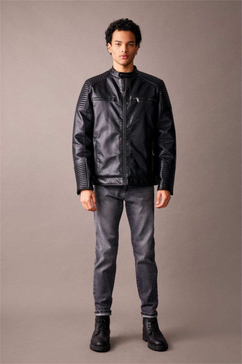 Erkek Siyah Su İtici Slim Fit Deri Mont Ceket Dar Kesim Dik Yaka Fermuarlı Cepli Mevsimlik