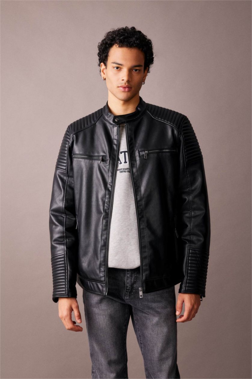 Erkek Siyah Su İtici Slim Fit Deri Mont Ceket Dar Kesim Dik Yaka Fermuarlı Cepli Mevsimlik