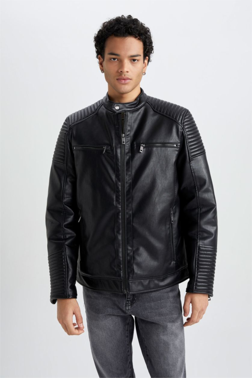 Erkek Siyah Su İtici Slim Fit Deri Mont Ceket Dar Kesim Dik Yaka Fermuarlı Cepli Mevsimlik