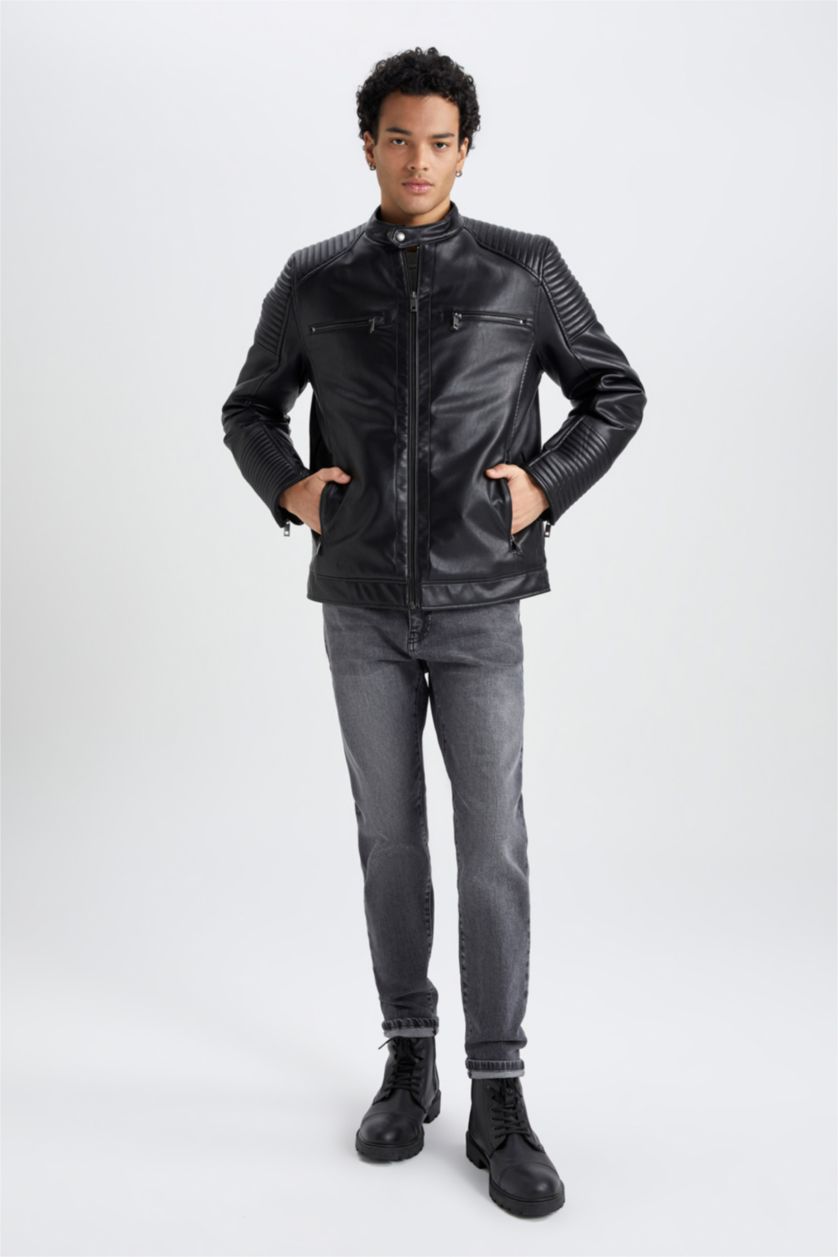 Erkek Siyah Su İtici Slim Fit Deri Mont Ceket Dar Kesim Dik Yaka Fermuarlı Cepli Mevsimlik