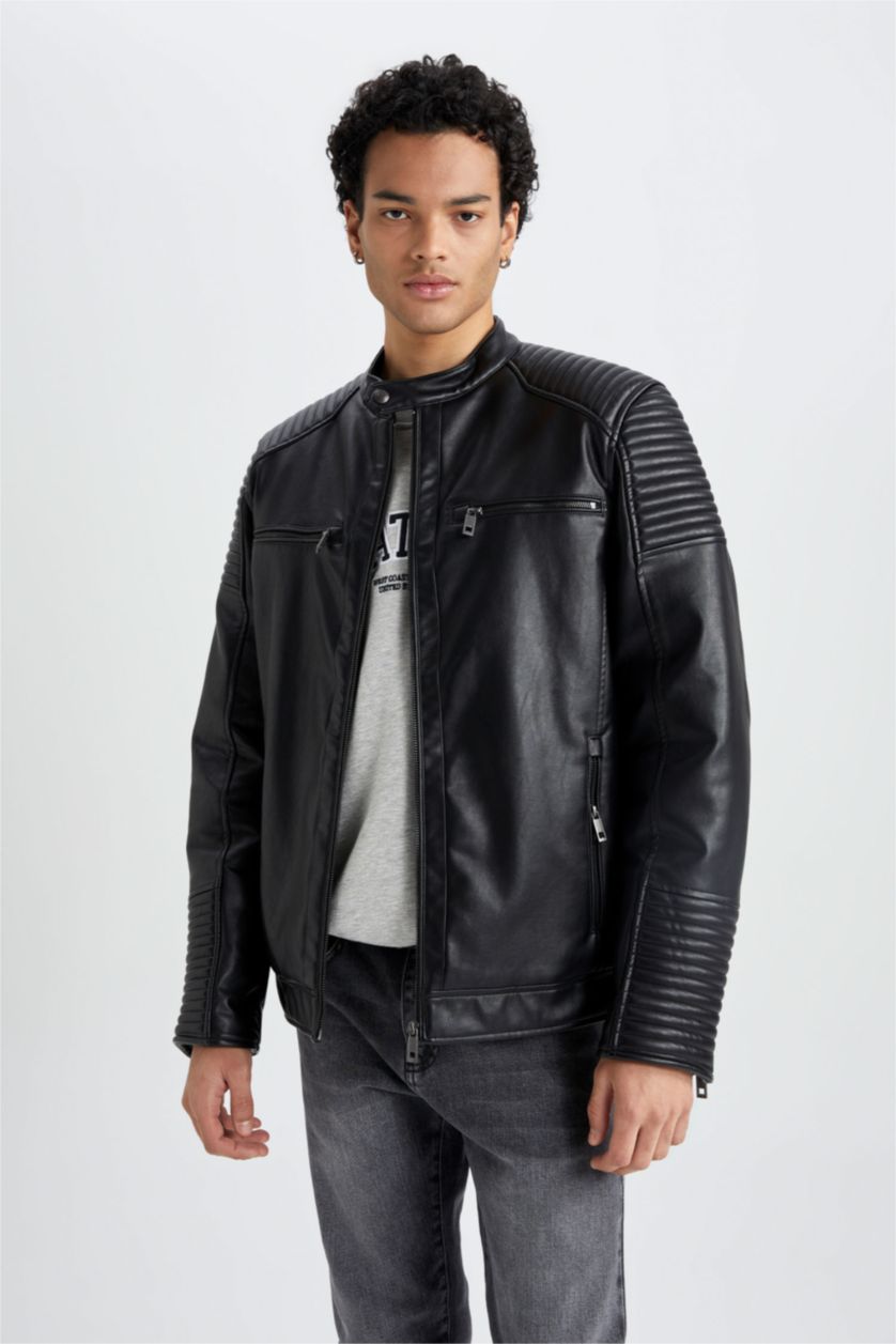 Erkek Siyah Su İtici Slim Fit Deri Mont Ceket Dar Kesim Dik Yaka Fermuarlı Cepli Mevsimlik