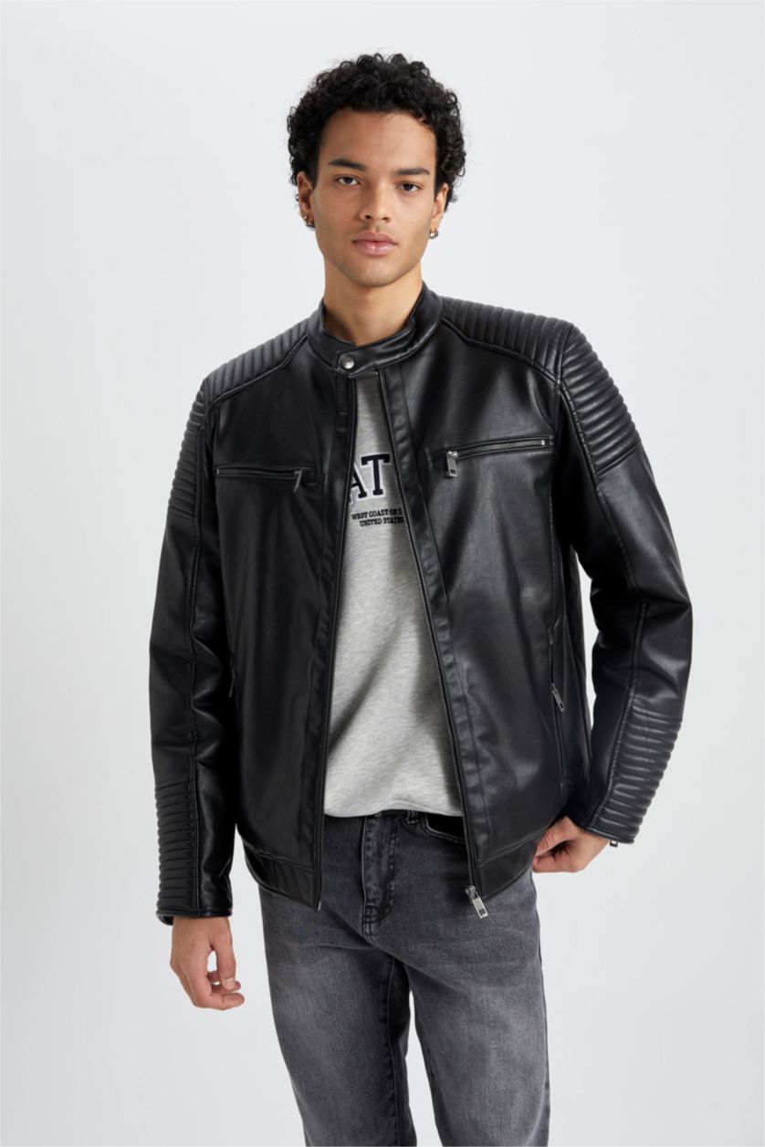 Erkek Siyah Su İtici Slim Fit Deri Mont Ceket Dar Kesim Dik Yaka Fermuarlı Cepli Mevsimlik