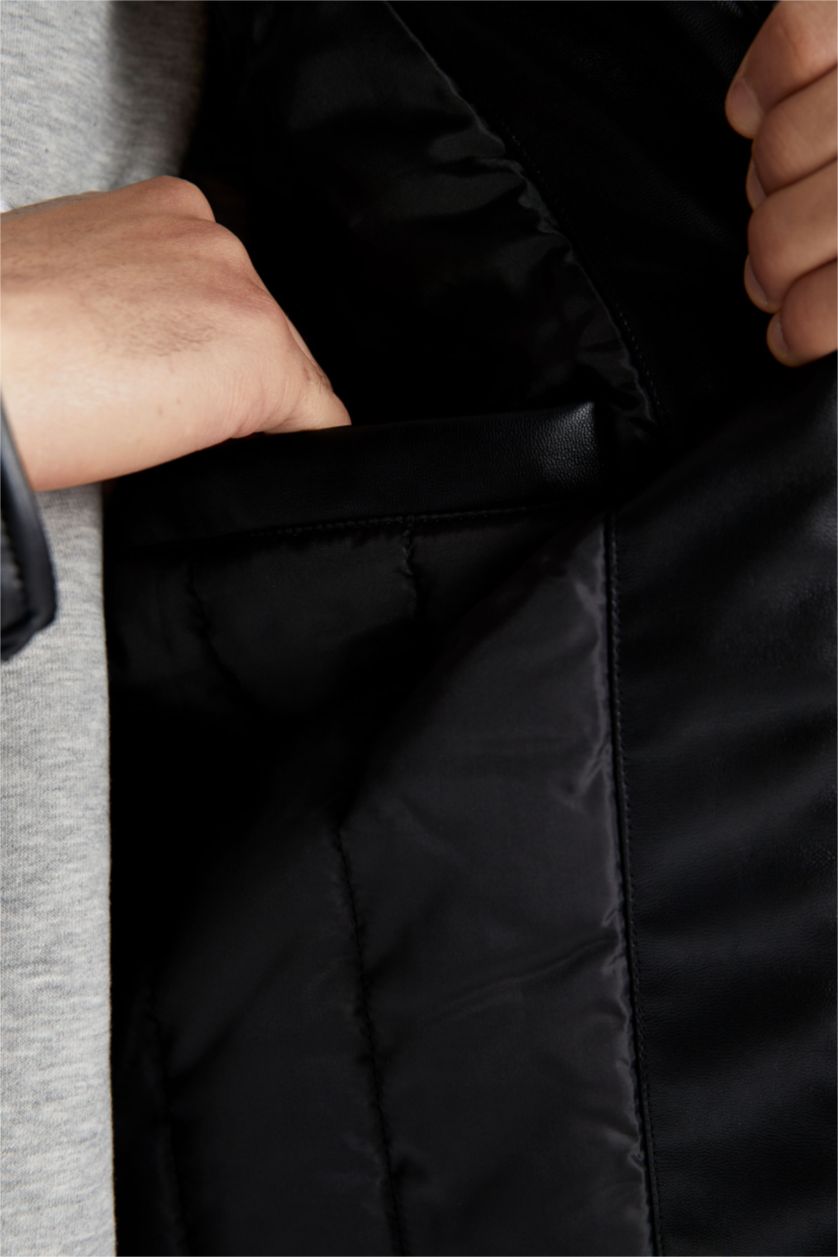 Erkek Siyah Su İtici Slim Fit Deri Mont Ceket Dar Kesim Dik Yaka Fermuarlı Cepli Mevsimlik