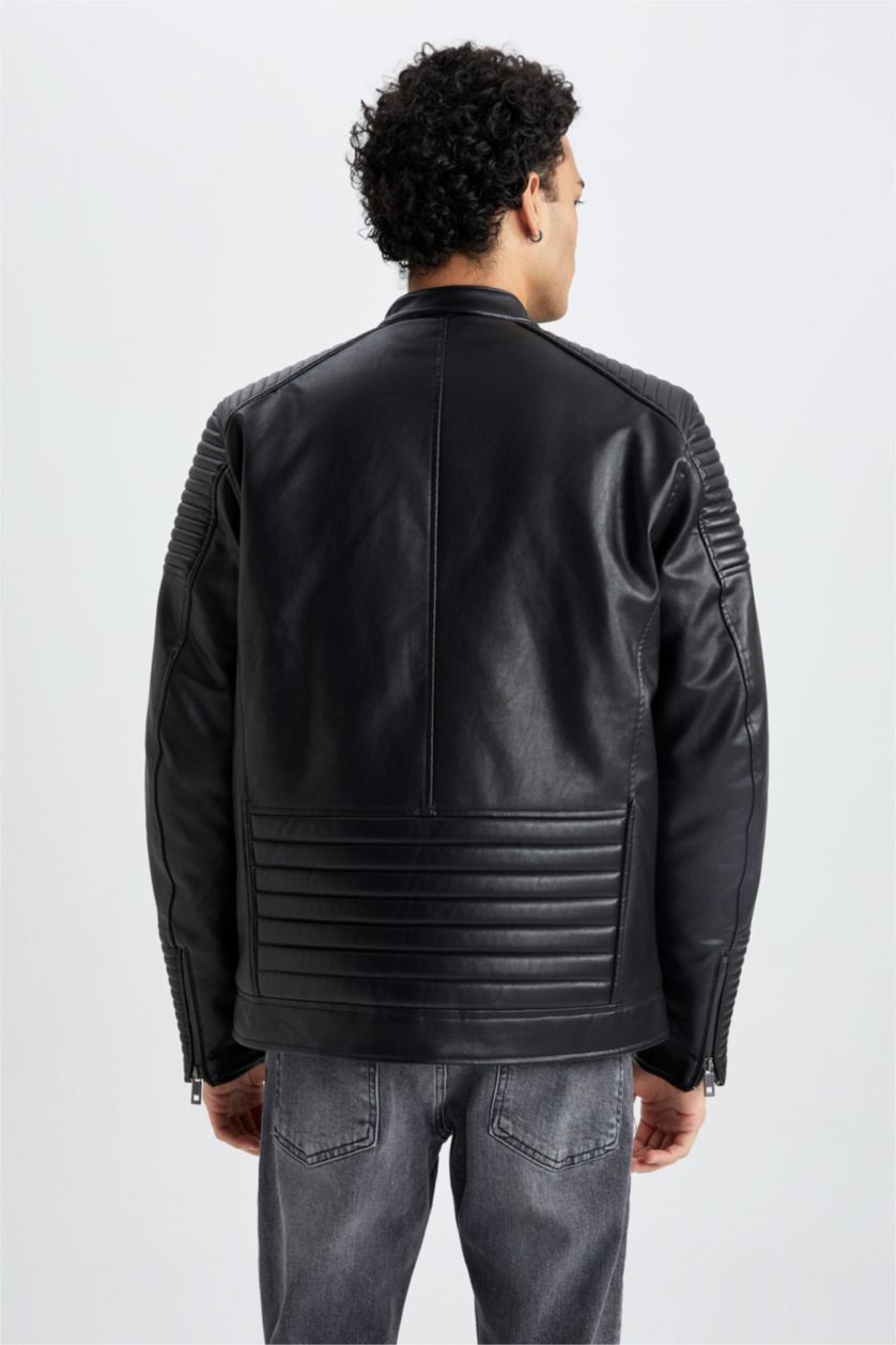 Erkek Siyah Su İtici Slim Fit Deri Mont Ceket Dar Kesim Dik Yaka Fermuarlı Cepli Mevsimlik