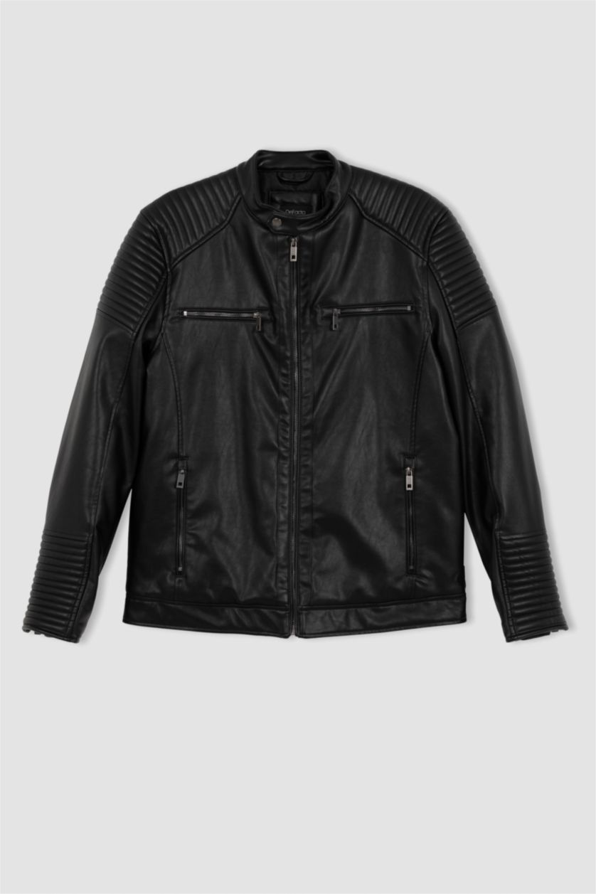 Erkek Siyah Su İtici Slim Fit Deri Mont Ceket Dar Kesim Dik Yaka Fermuarlı Cepli Mevsimlik