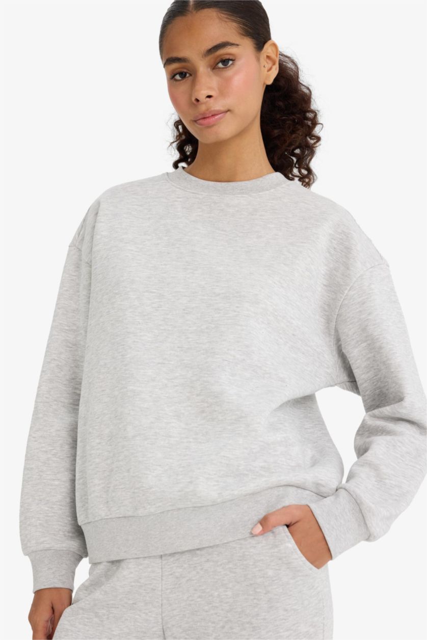 Woman Grey Melange Relax Fit Crew Neck Basic Thick Sweatshirt
