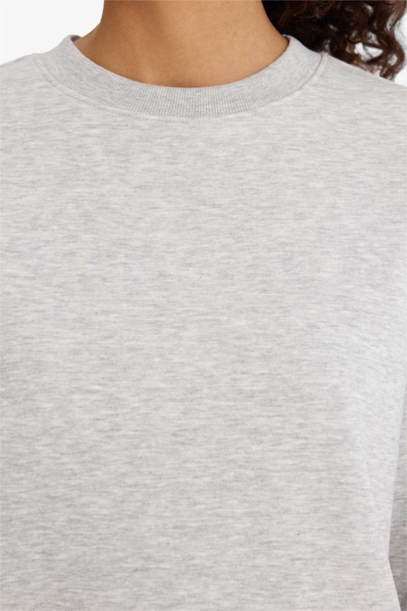 Woman Grey Melange Relax Fit Crew Neck Basic Thick Sweatshirt
