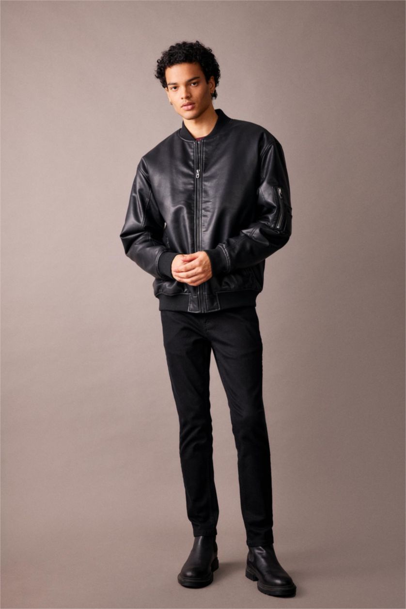 رجال أسود جاكيت بومبر اوفر سايز جلد صناعي