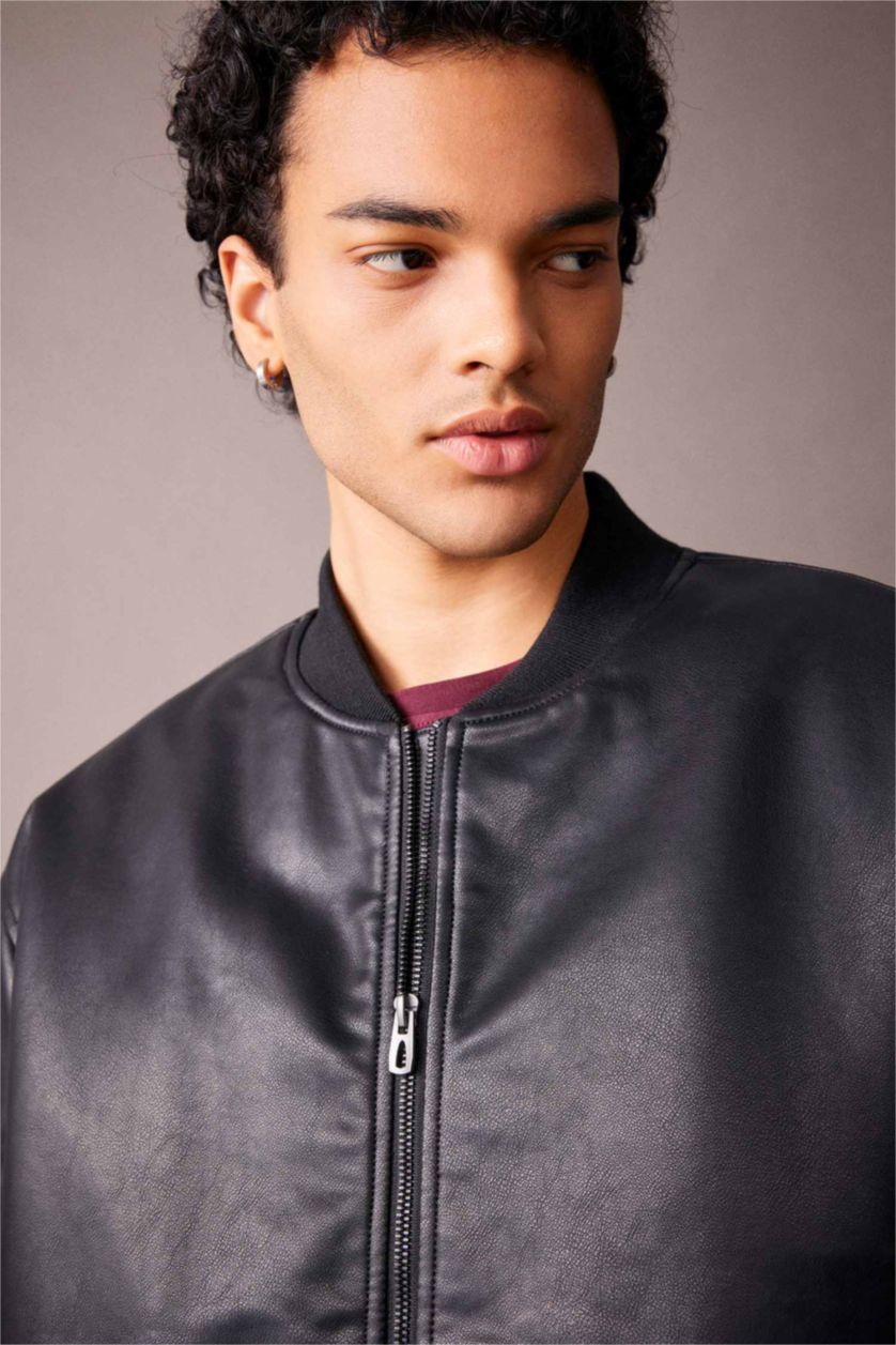 رجال أسود جاكيت بومبر اوفر سايز جلد صناعي